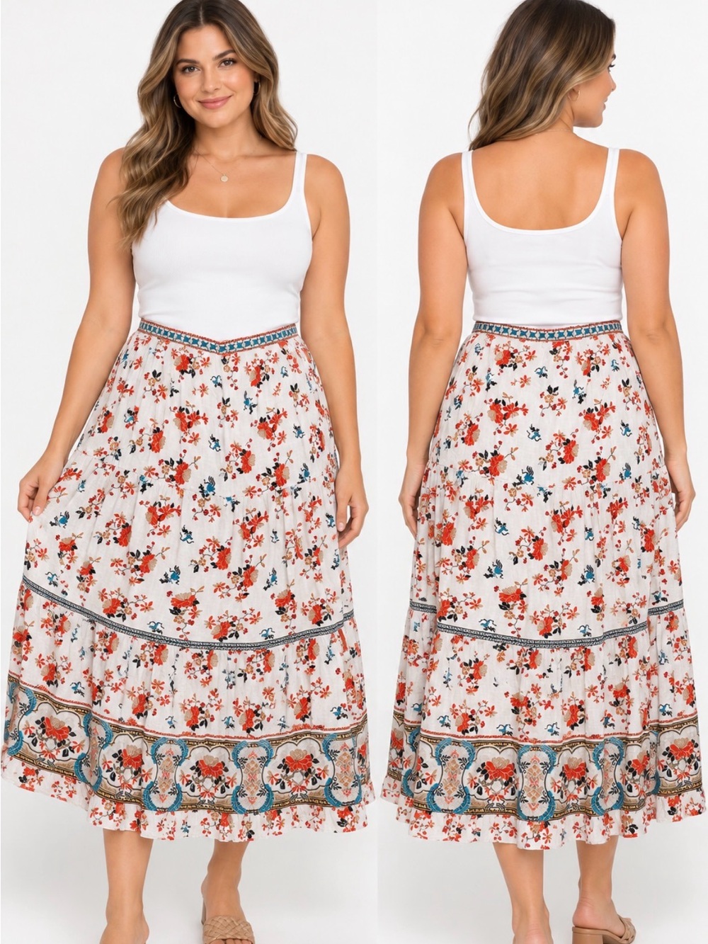 NWT Max studio Floral Border Print Tiered Midi Skirt Size 2X Boho Multicolor